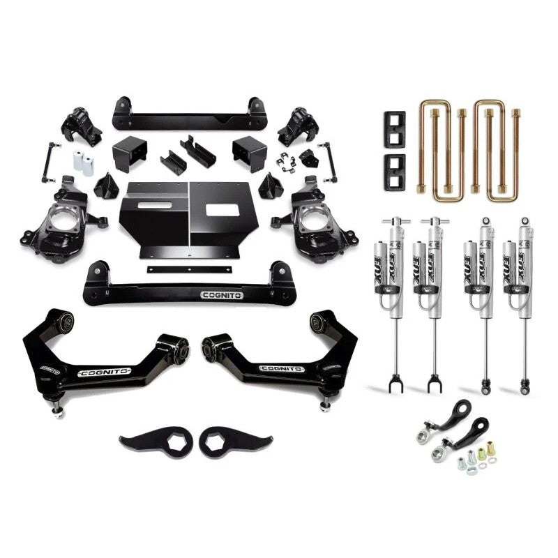 Cognito 5-inch performance lift kit components including Fox 2.0 remote reservoir shocks and SM series upper control arms.