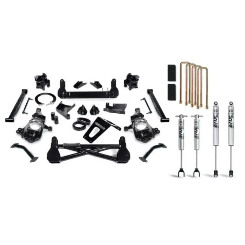 Cognito 7-inch lift kit components including Fox 2.0 shocks, black powder coated spindles, and rear lift blocks.