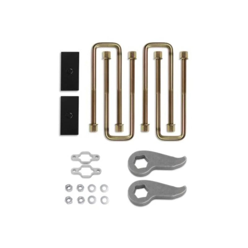 Cognito 2-inch economy leveling lift kit components including torsion keys, shock spacers, rear blocks, and U-bolts.