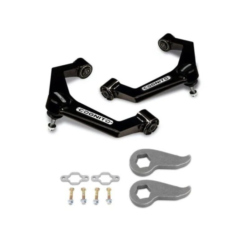 Cognito 3-inch leveling kit with black powder-coated upper control arms, torsion keys, and hardware for Silverado/Sierra HD.
