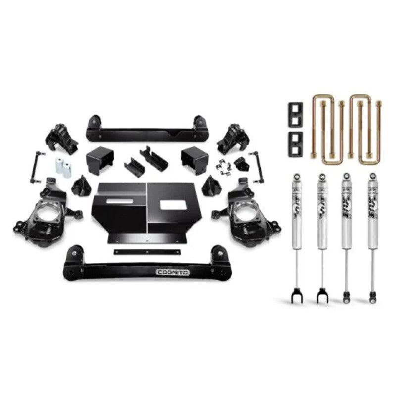 Cognito 4-inch lift kit components including front drop brackets, 2-inch rear blocks, U-bolts, and Fox 2.0 IFP shocks.
