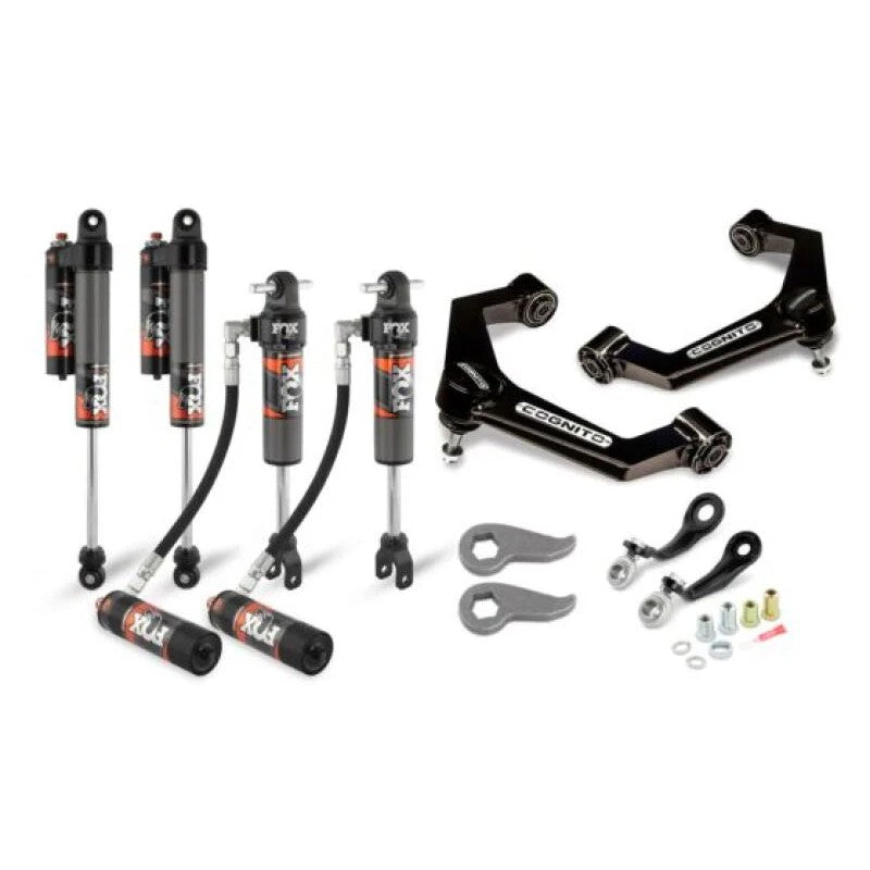 Cognito 3-inch Elite leveling kit featuring boxed upper control arms, forged torsion keys, and Fox 2.5 Elite reservoir shocks.