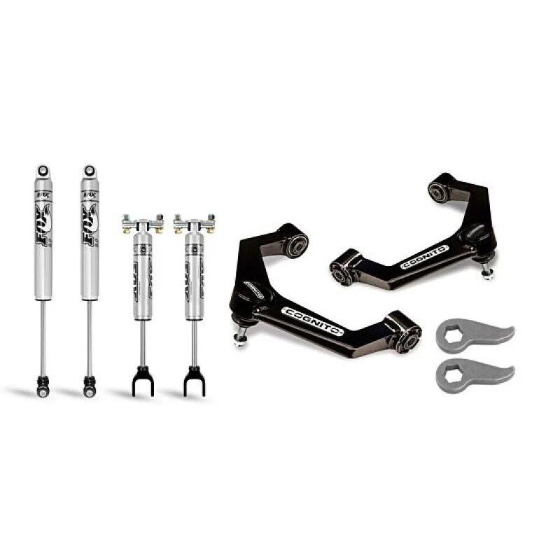 Cognito 3-inch leveling kit with black boxed upper control arms, forged torsion keys, and four Fox 2.0 IFP shocks.
