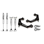 Cognito 3-inch leveling kit with black boxed upper control arms, forged torsion keys, and four Fox 2.0 IFP shocks.