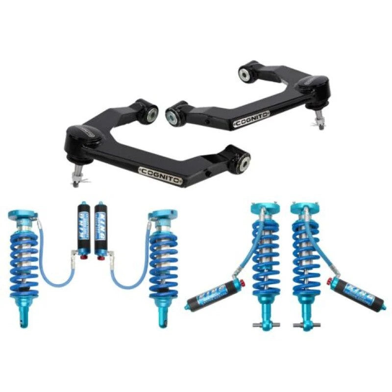 Cognito Elite leveling kit featuring black boxed upper control arms and King 2.5 remote reservoir shocks with adjusters.