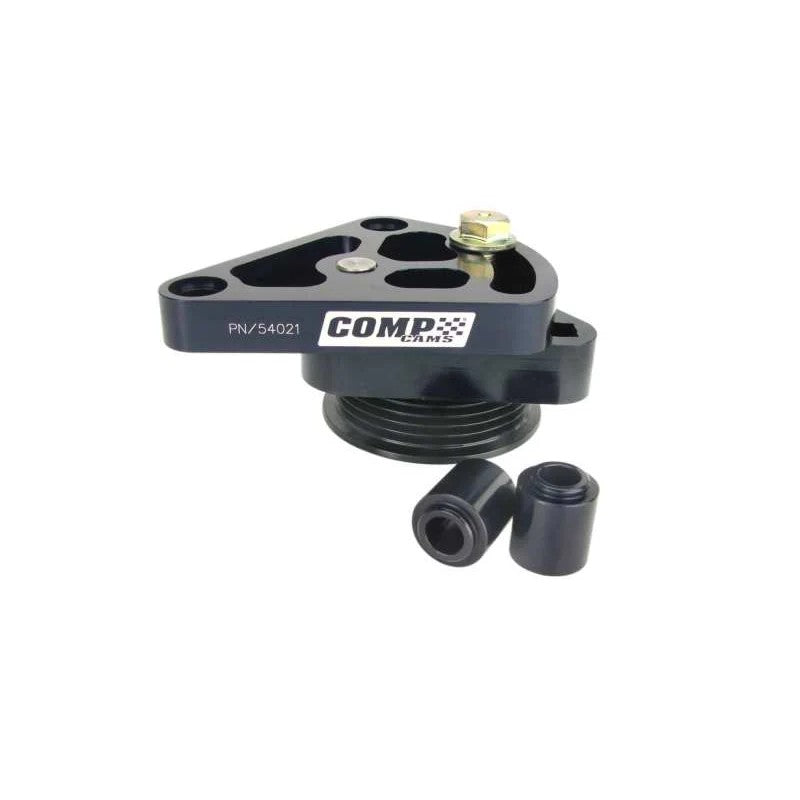 COMP Cams billet aluminum adjustable manual belt tensioner with idler pulley for GM LS engines.