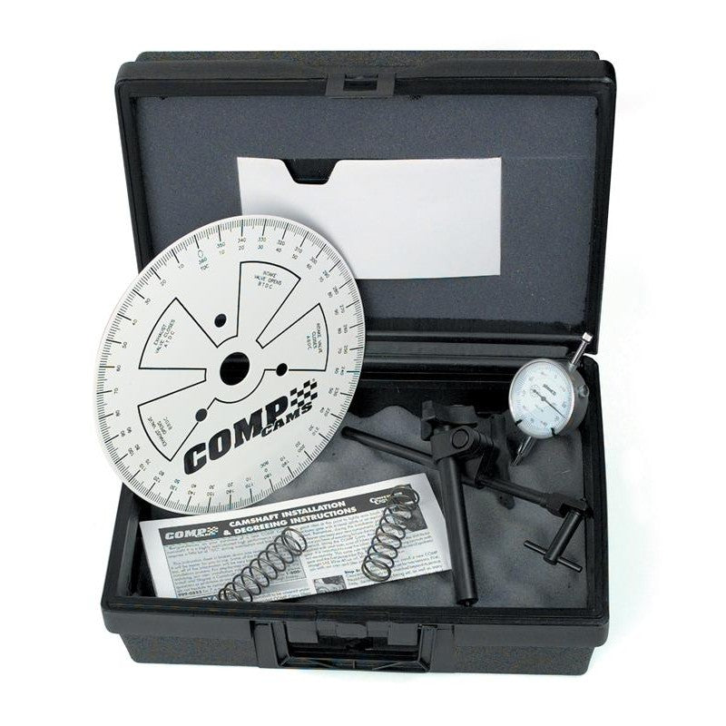 COMP Cams 4943CPG Ford 5.0L Coyote cam degree kit with degree wheel and dial indicator in a padded case.