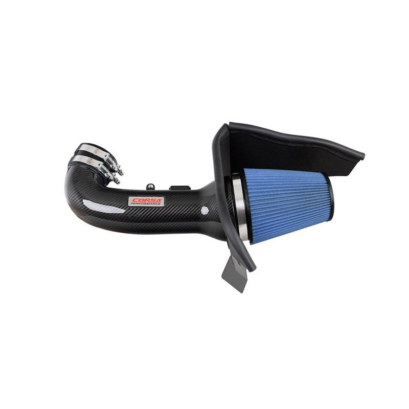 Corsa Performance 1x1 twill weave carbon fiber air intake with red MaxFlow 5 oiled filter for Chevrolet Camaro SS.