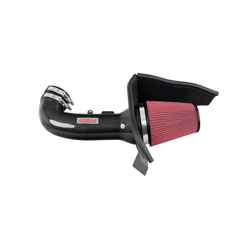 Corsa 1x1 twill weave carbon fiber air intake with DryTech 3D filter and black heat shield for 2016-2023 Camaro SS.