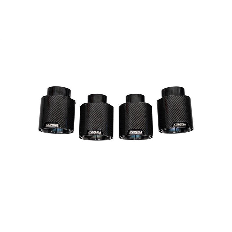Corsa Performance 4.5 inch carbon fiber exhaust tips with black PVD finish and laser engraved logo for C8 Corvette.