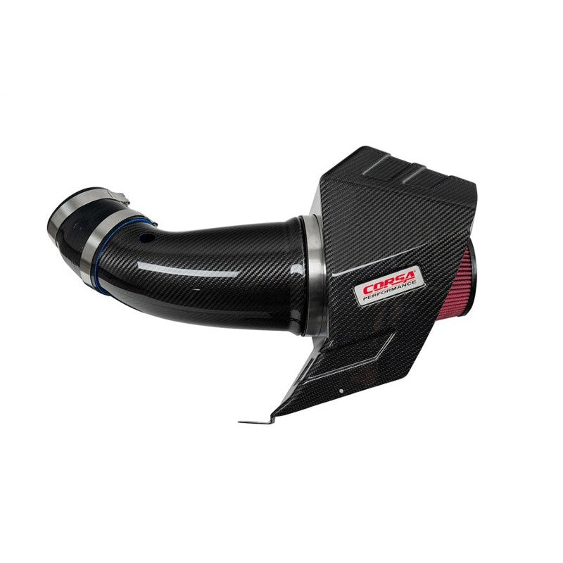 Corsa carbon fiber cold air intake system with oversized duct, heat shield, and DryTech 3D air filter for 6.2L HEMI.