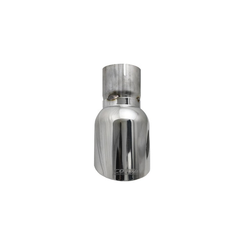 Polished 304 stainless steel Corsa Pro-Series dual-walled exhaust tip with laser-engraved logo and clamp