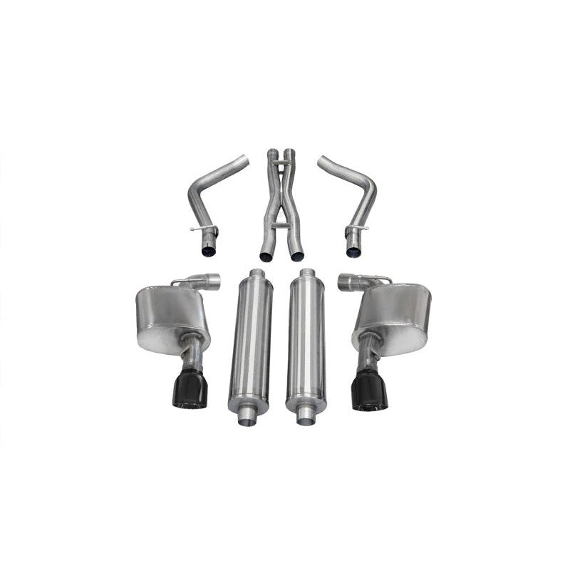 Corsa Xtreme cat-back exhaust system featuring 304 stainless steel piping and black rectangular exhaust tips.