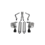 Corsa Xtreme cat-back exhaust system featuring 304 stainless steel piping and black rectangular exhaust tips.