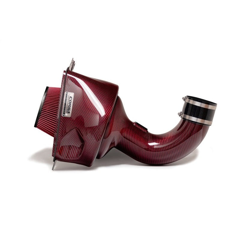Red carbon fiber closed box air intake for C7 Corvette with DryTech filter and black anodized MAF bracket.
