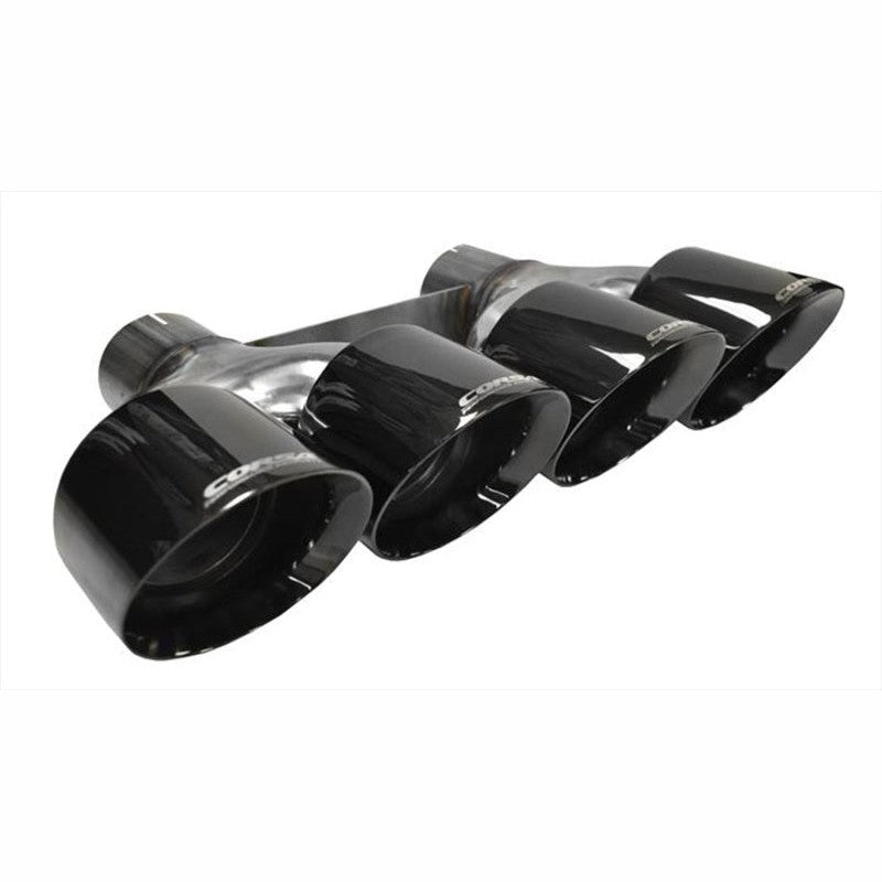 Quad 4.5 inch polished black Corsa Pro-Series exhaust tips with laser-engraved logo for C7 Corvette