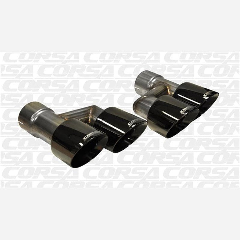 Corsa Performance black PVD 304 stainless steel quad exhaust tips with laser-engraved logos for 2015-2018 Mustang GT.