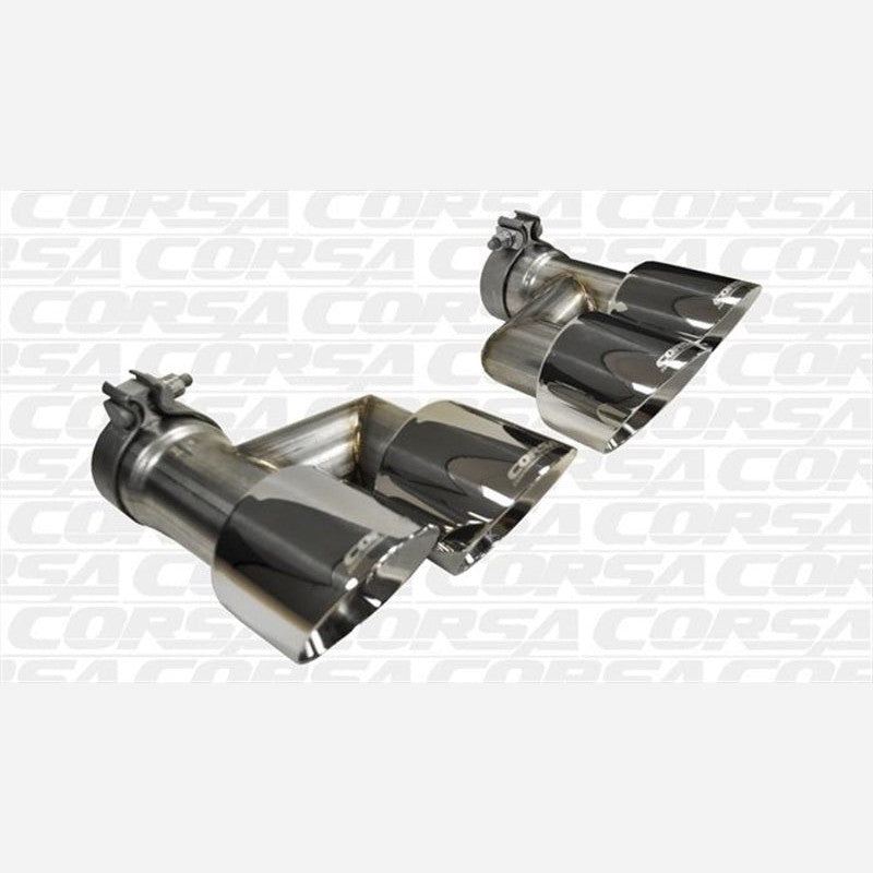 Polished 304 stainless steel dual-walled quad exhaust tips with laser-engraved Corsa logo for 2015-2018 Ford Mustang.