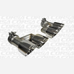 Polished 304 stainless steel dual-walled quad exhaust tips with laser-engraved Corsa logo for 2015-2018 Ford Mustang.