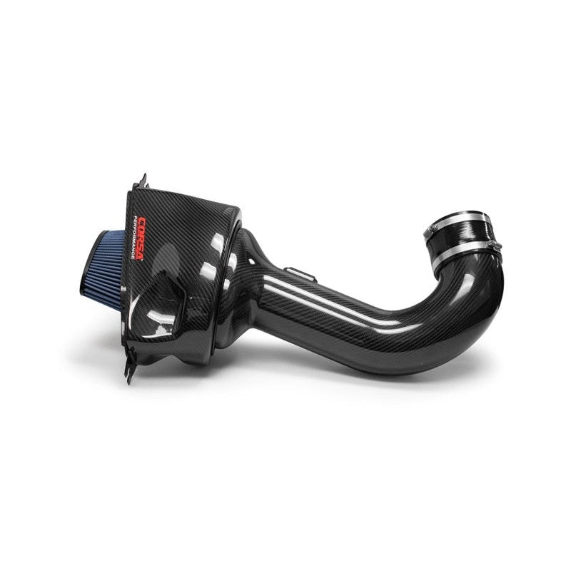 Corsa Performance 100% carbon fiber air intake tube with red MaxFlow 5 oiled filter and black aluminum MAF bracket.