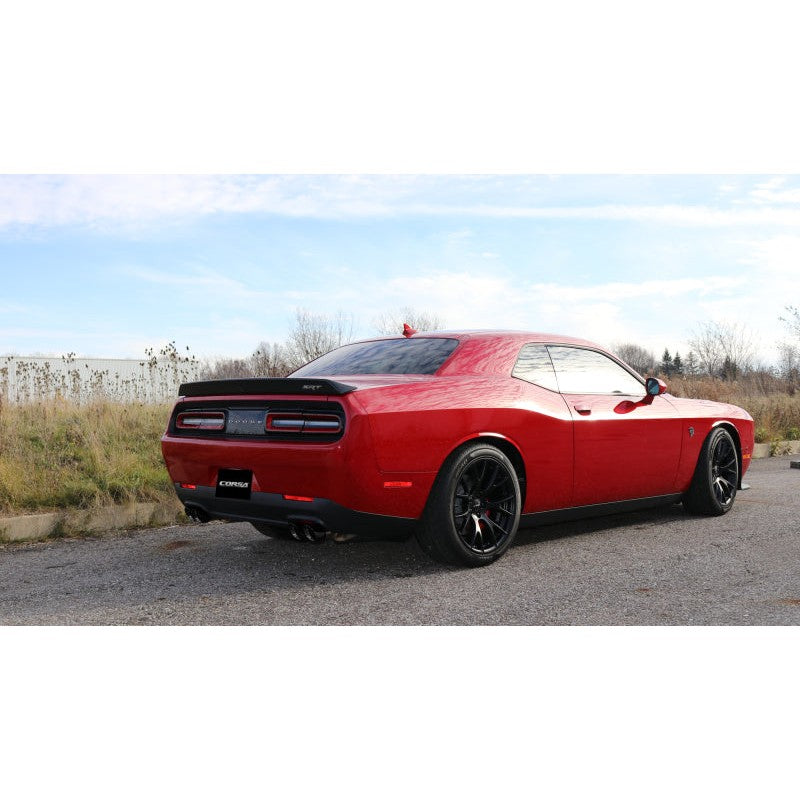 Corsa Xtreme dual rear exit exhaust system for Dodge Challenger featuring 3.5-inch dual-walled black tips.