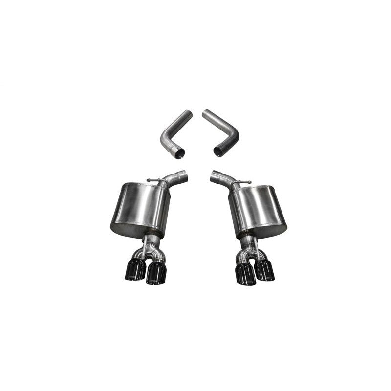 Corsa Sport axle-back exhaust system featuring 304 stainless steel tubing and dual 3.5-inch black exhaust tips.