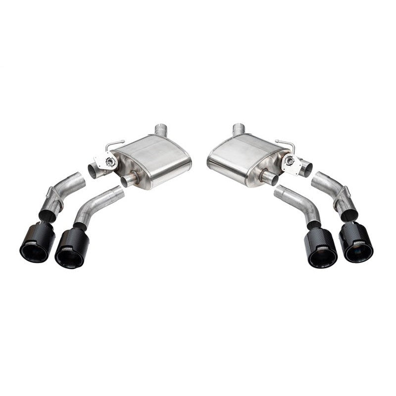 Corsa valved axle-back exhaust system for Chevrolet Camaro with four black carbon fiber exhaust tips.