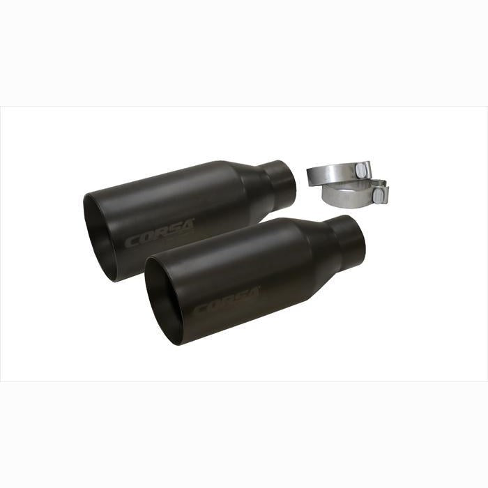 Corsa Pro-Series 5-inch matte black Cerakote exhaust tips with dual-wall 304 stainless steel construction.