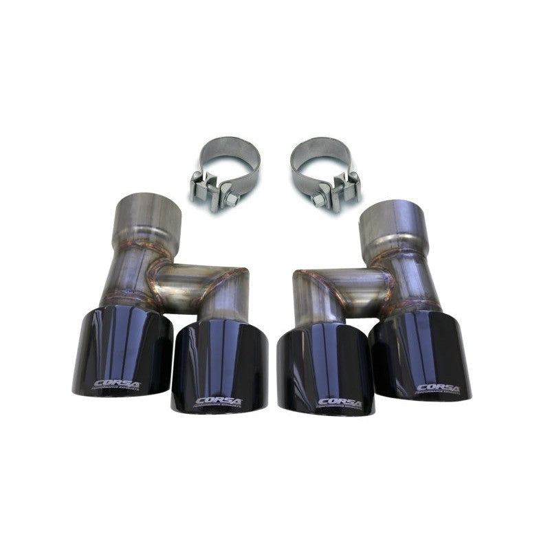 Corsa Pro-Series 4-inch twin exhaust tips with Black PVD finish and laser-engraved logo for 2018-2023 Ford Mustang.