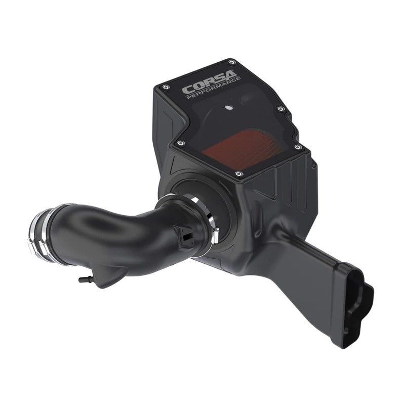 Corsa Performance cold air intake with smoked acrylic airbox lid and DryTech 3D filter for 2018-2023 Ford Mustang GT.