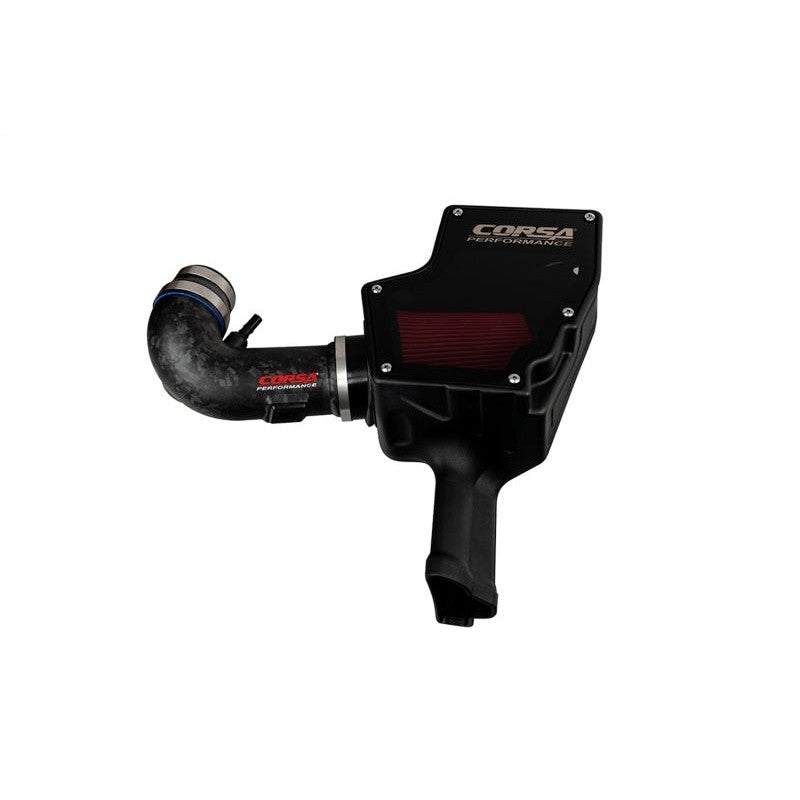 Matte forged carbon fiber air intake with smoked acrylic lid and DryTech 3D filter for 2018-2023 Ford Mustang GT