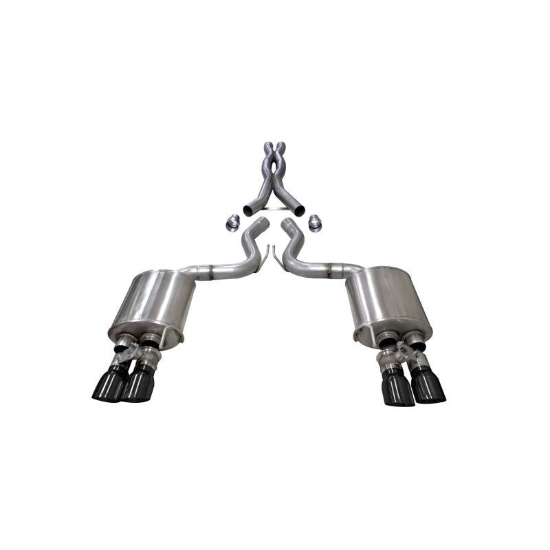 Corsa 304 stainless steel cat-back exhaust system for Ford Mustang GT with quad 4-inch dual-walled black tips.