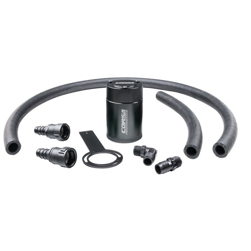 Corsa Performance oil catch can with black hoses, quick-disconnect fittings, and aluminum mounting bracket