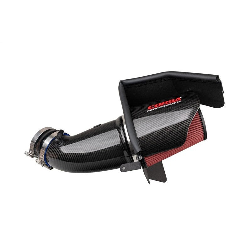 Corsa Performance carbon fiber air intake with DryTech filter and black powder coated aluminum heat shield.