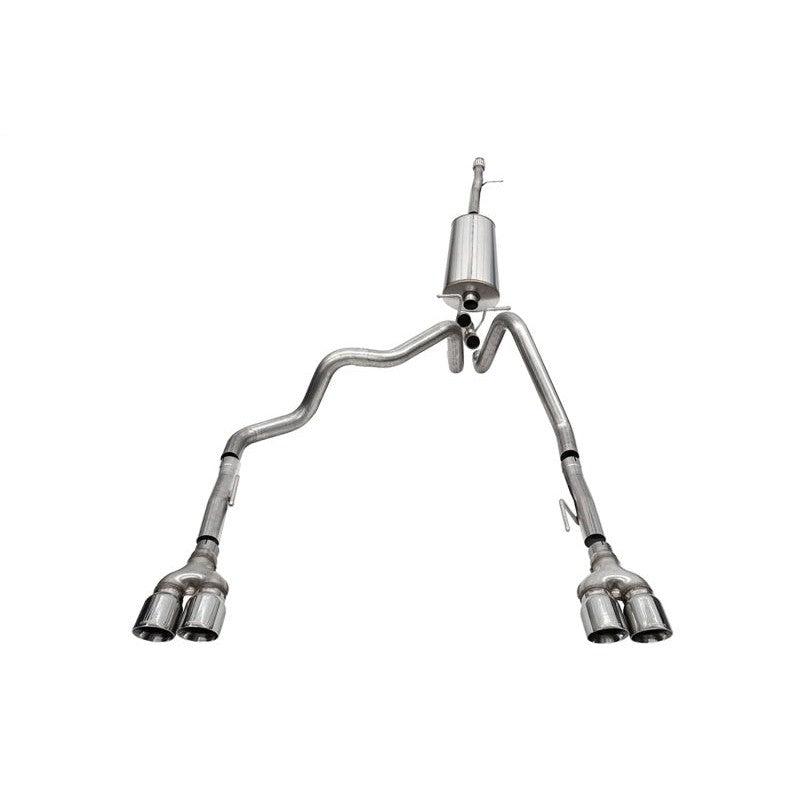 Corsa 304 stainless steel cat-back exhaust system with straight-through muffler and dual 4-inch polished tips.