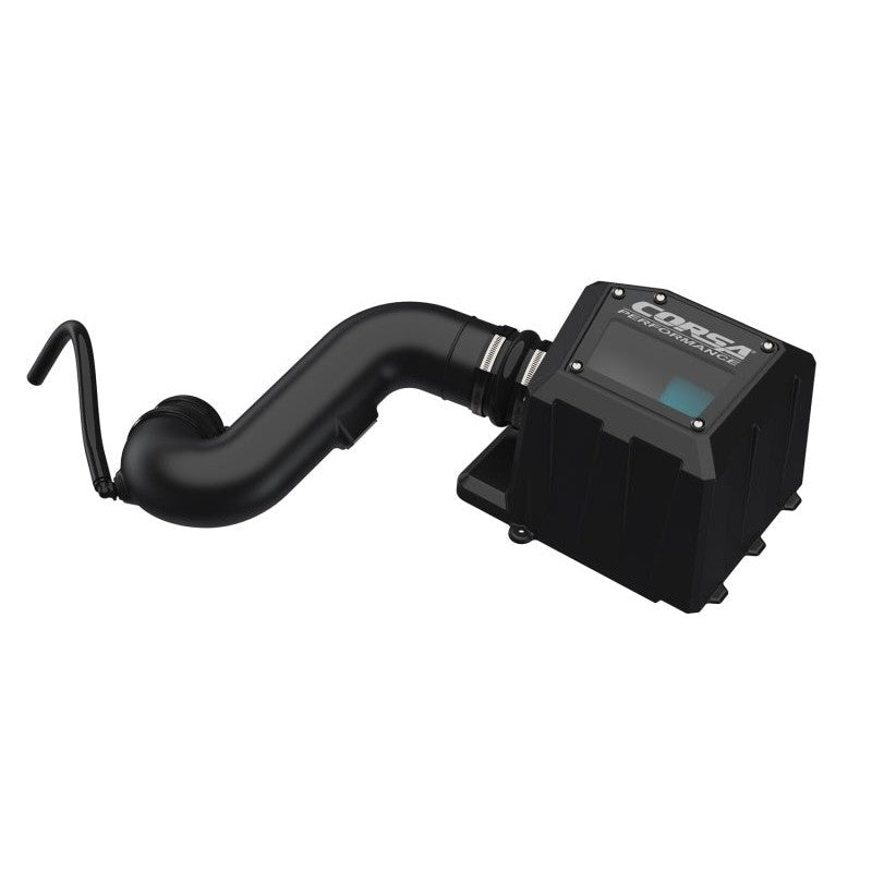 CORSA Cold Air Intake system with a smoked acrylic airbox lid and blue Powercore filter for 2018-2023 GM trucks.