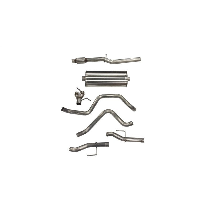 Corsa 304 stainless steel 3-inch cat-back exhaust system with dual rear-exit polished tips for 5.3L Silverado and Sierra.