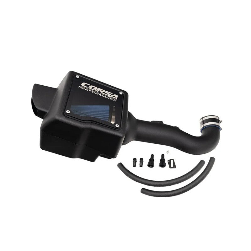 CORSA Performance black air intake system with smoked acrylic lid and MaxFlow 5 oiled filter for GM 5.3L L83 engines.