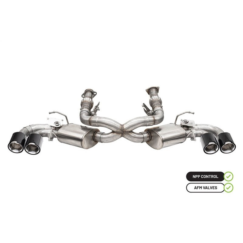 Corsa 3-inch valved cat-back exhaust for C8 Corvette with carbon fiber tips and cast valve assemblies