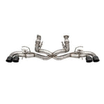Corsa Performance 3-inch stainless steel cat-back exhaust system with quad 4.5-inch black PVD tips and integrated valves.