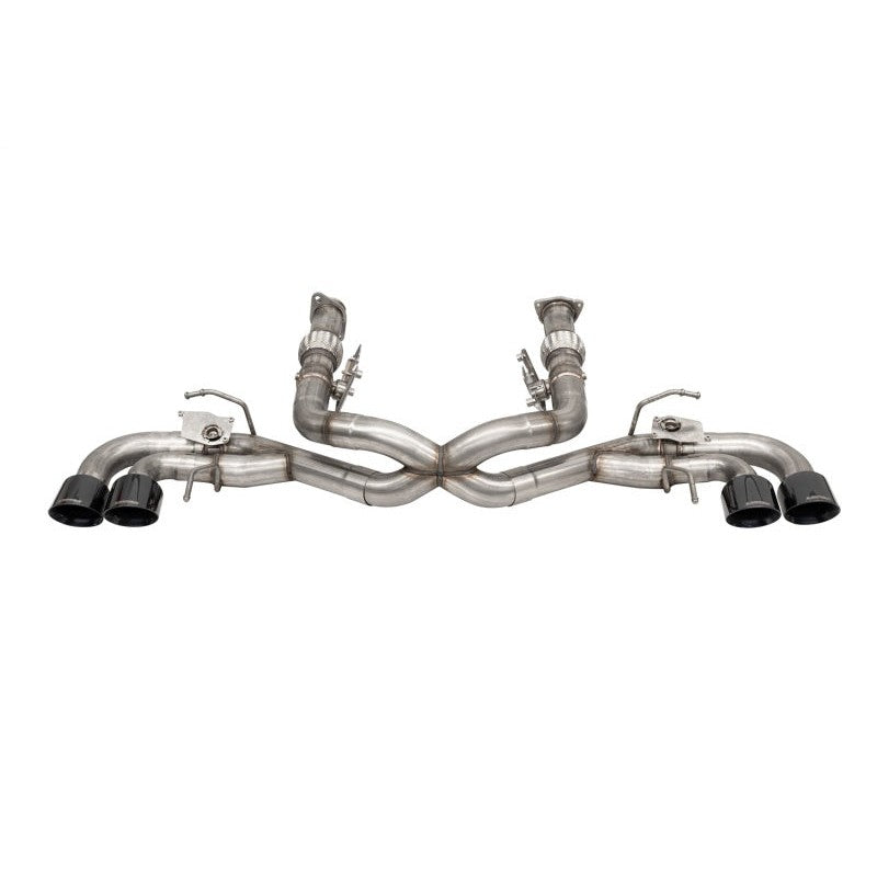 Corsa Performance 3-inch stainless steel cat-back exhaust system with quad 4.5-inch black PVD tips and integrated valves.