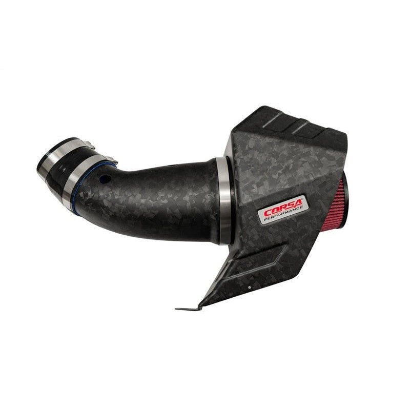 Matte forged carbon fiber air intake system with DryTech filter for 6.2L Hellcat and Trackhawk engines.