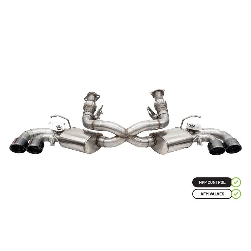 Corsa 304 stainless steel 3-inch valved cat-back exhaust for Corvette C8 with 4.5-inch black quad tips.