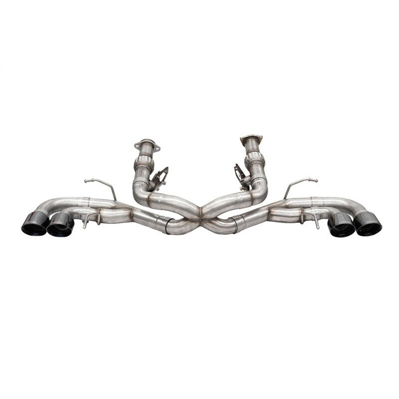 Corsa 304 stainless steel cat-back exhaust for C8 Corvette with four 4.5-inch black tips and AFM simulator brackets.