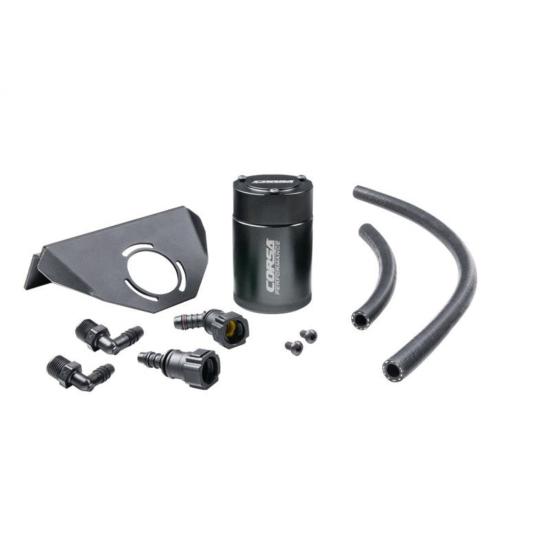 Corsa CC0005 oil catch can for Corvette C8 with black 6061 aluminum housing and quick-disconnect fittings.