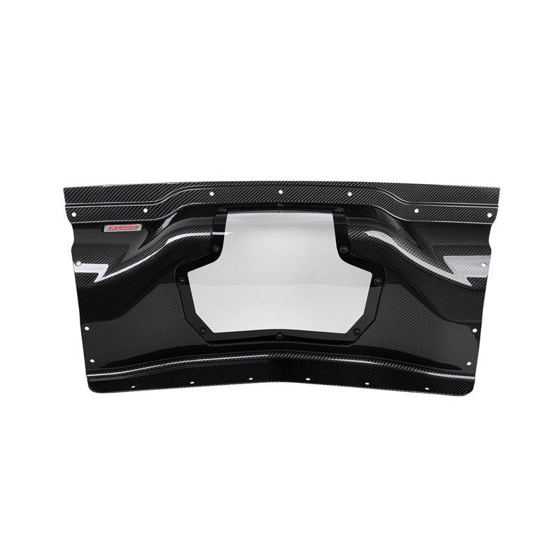 Corsa Performance multi-layer carbon fiber trunk panel with a clear polycarbonate window for 2020-2024 Corvette C8