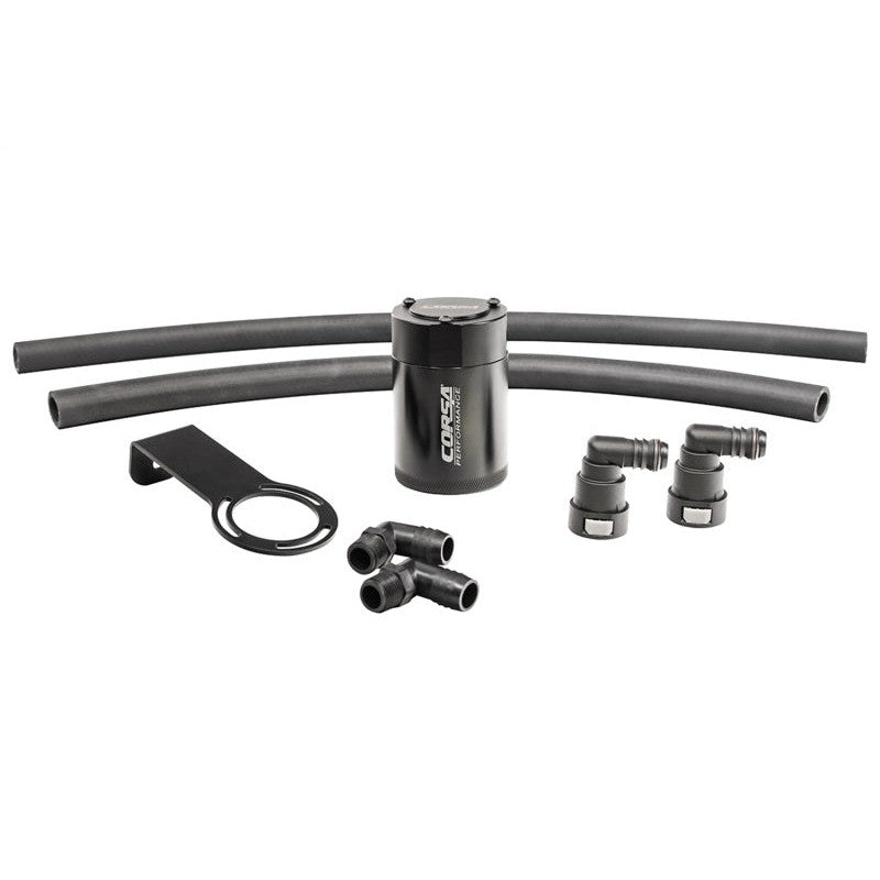 Corsa Performance CC0008 aluminum oil catch can with black powder-coated bracket and reinforced hoses for Ram TRX.