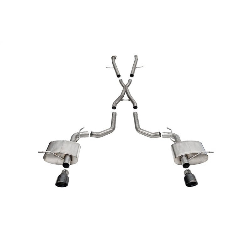 Corsa Xtreme cat-back exhaust system for Durango Hellcat featuring 304 stainless piping and dual 4.5-inch black PVD tips.