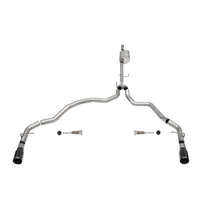 Corsa Sport Cat-Back exhaust system with 304 stainless steel piping and dual black PVD rear exit tips.