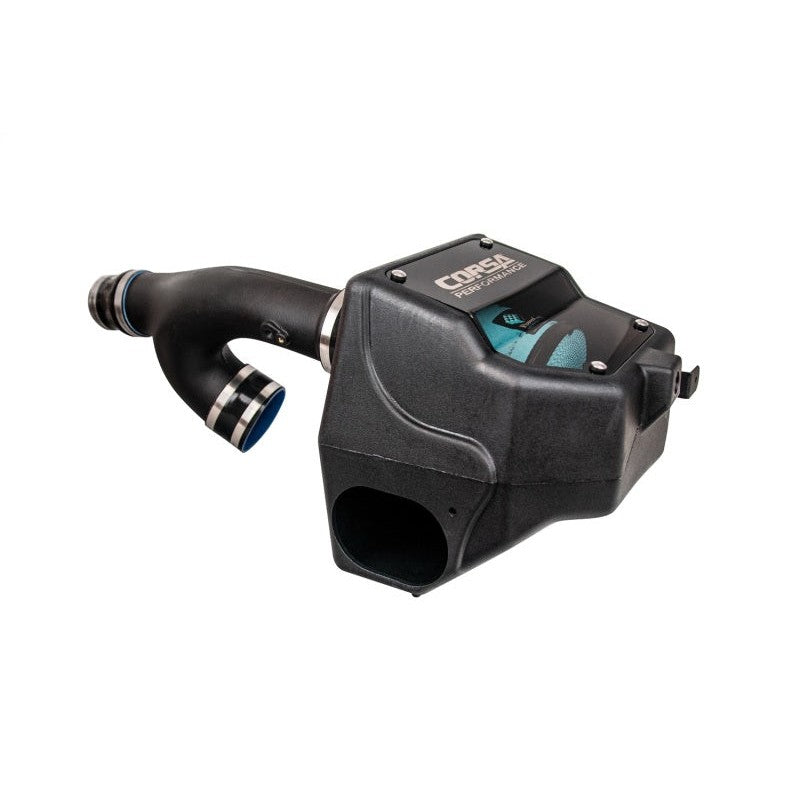 Corsa cold air intake with black housing, smoked acrylic lid, and blue Donaldson PowerCore filter for Ford F-150.